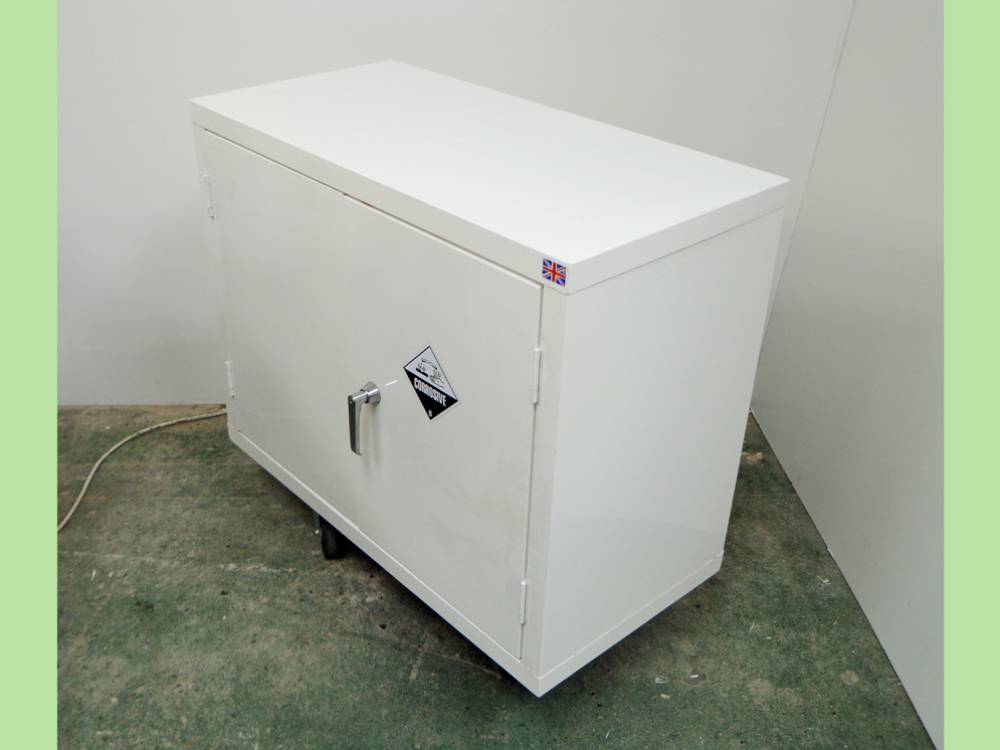 Proprietary Coated Steel Corrosives Cabinet with Two Level Storage. 